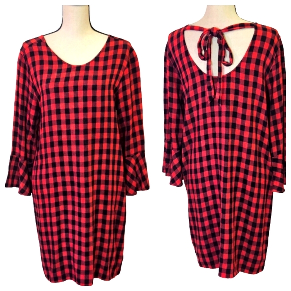Cloth & Stone Red and Black Buffalo Plaid Flutter Sleeve Dress,Large - Picture 1 of 16